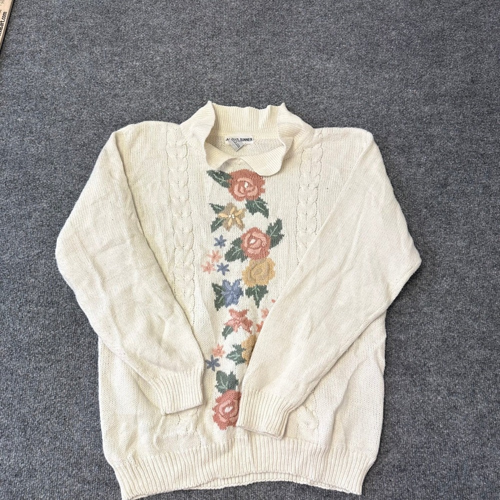 Alfred Dunner Sweater Womens Size L Cream Floral Embroidered Cable Knit MockNeck